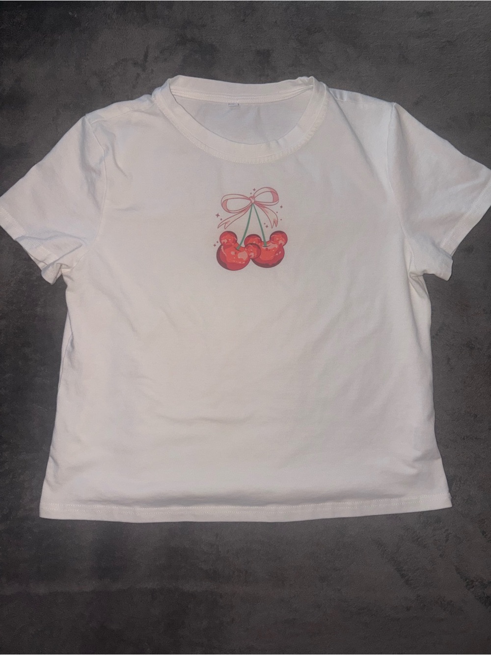 White Short-Sleeve Tee with Pink-Red Cherry Graphic